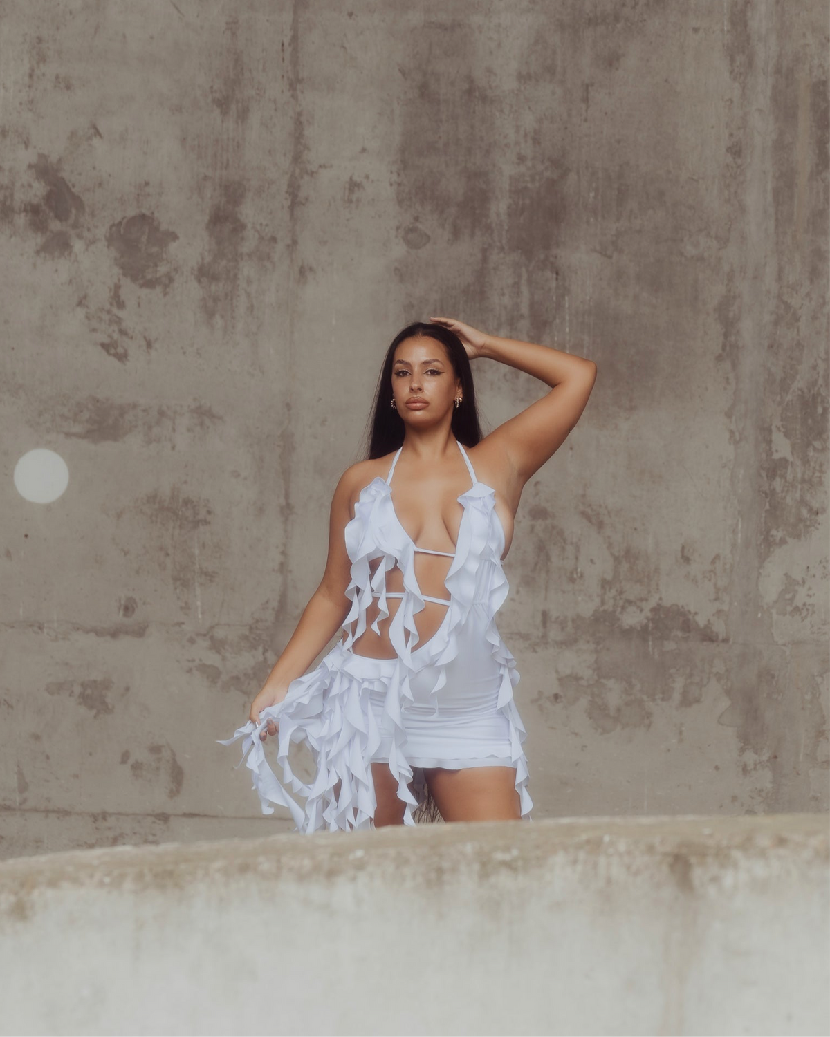White Cut Out Ruffle Dress