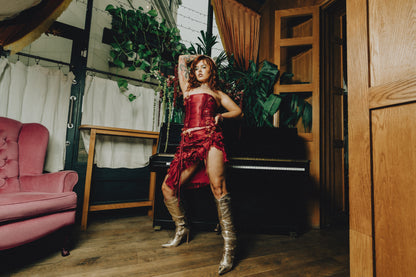 Up-Cycled Wine Satin Floral Appliqué Boned Corset & Skirt Set (1of1)