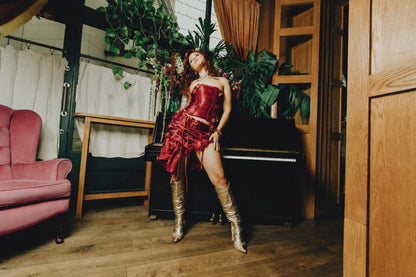 Up-Cycled Wine Satin Floral Appliqué Boned Corset & Skirt Set (1of1)