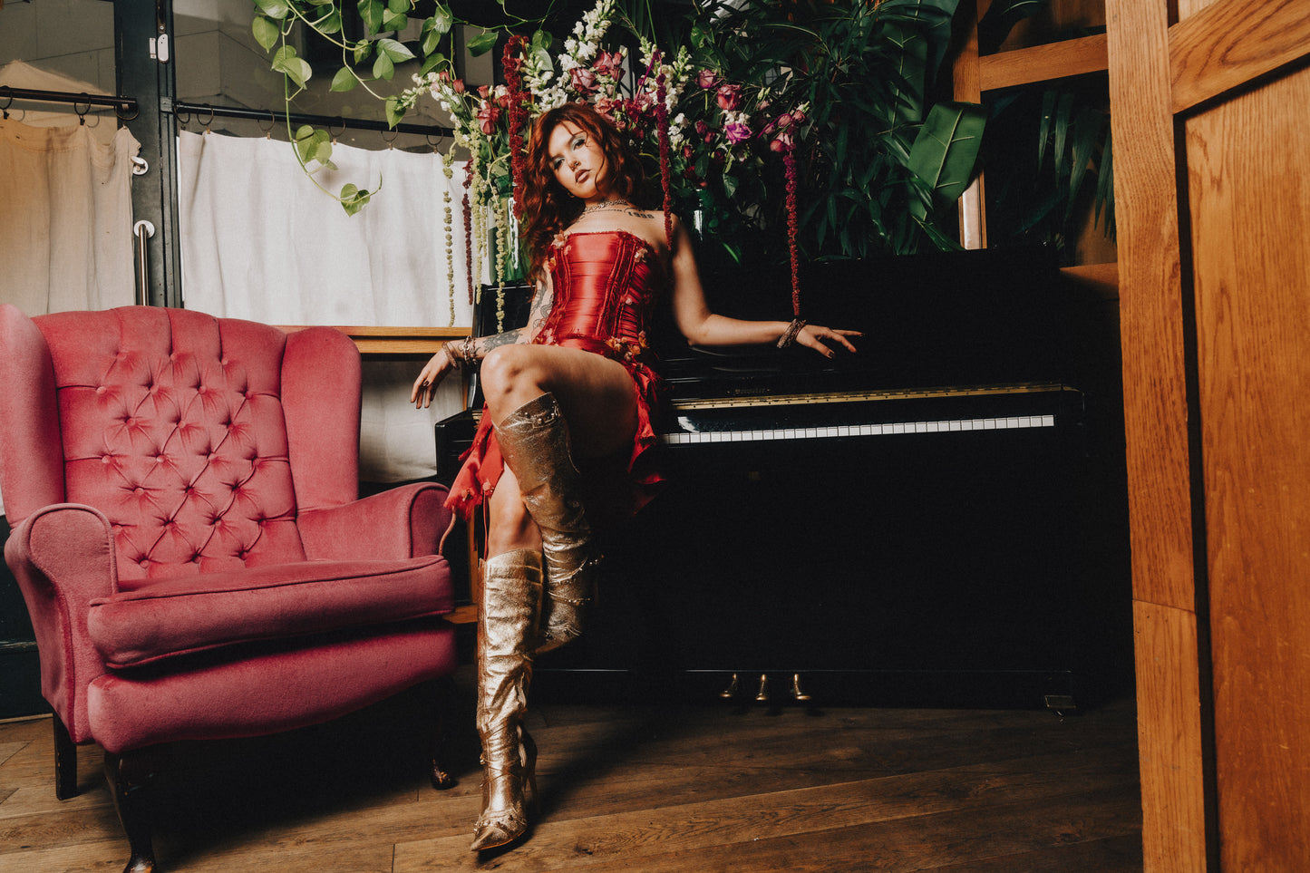 Up-Cycled Wine Satin Floral Appliqué Boned Corset & Skirt Set (1of1)