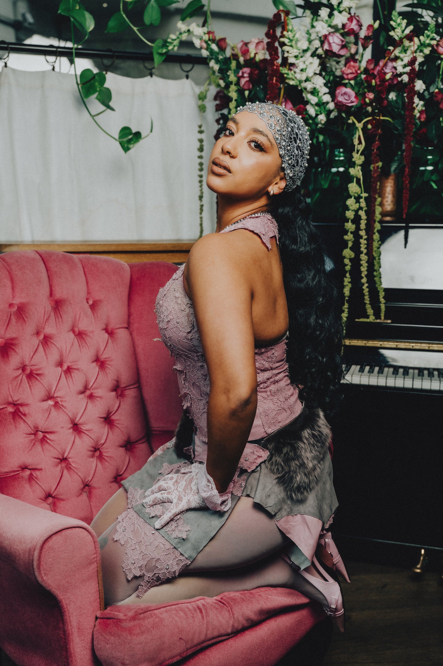 Up-Cycled Leather Lace Faux Fur Corset & Skirt Set (1of1)
