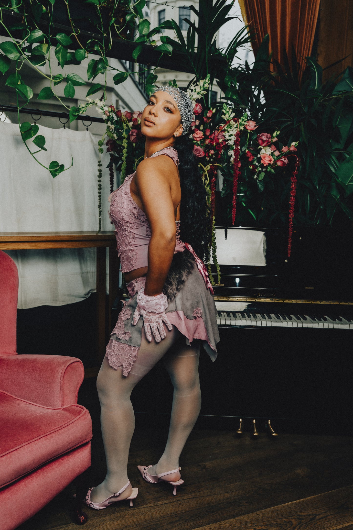 Up-Cycled Leather Lace Faux Fur Corset & Skirt Set (1of1)