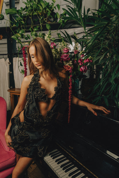 Up-Cycled Floral Appliqué Beaded Satin Bralette & Dress Set (1of1)