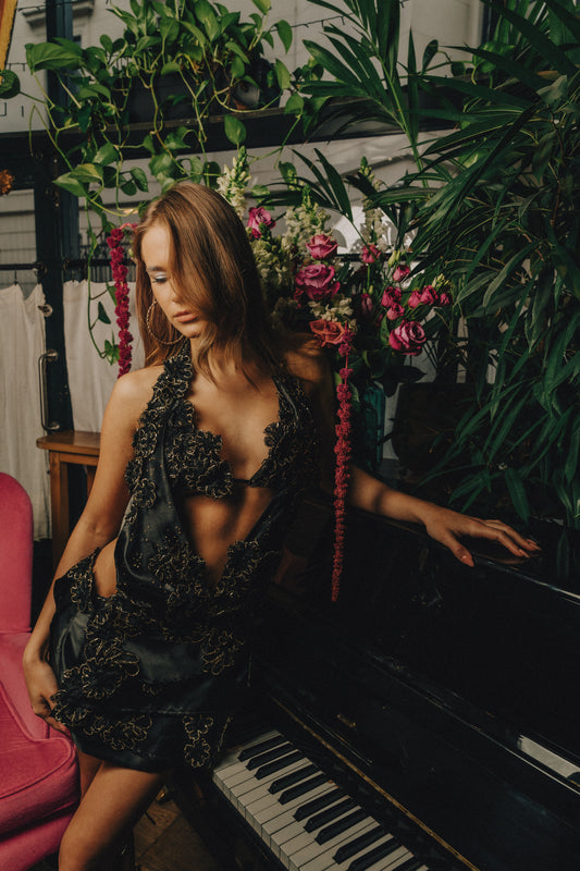 Up-Cycled Floral Appliqué Beaded Satin Bralette & Dress Set (1of1)