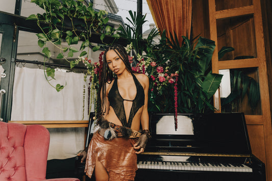 Up-Cycled Scarf V Top & Textured Gold Leather Skirt Set (1of1)