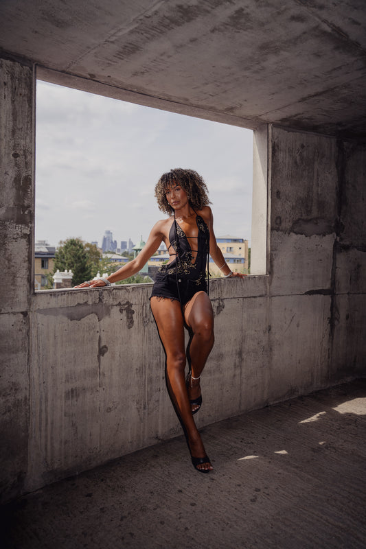 Black Stretch Floral Appliqué Cut Out Top (1of1)