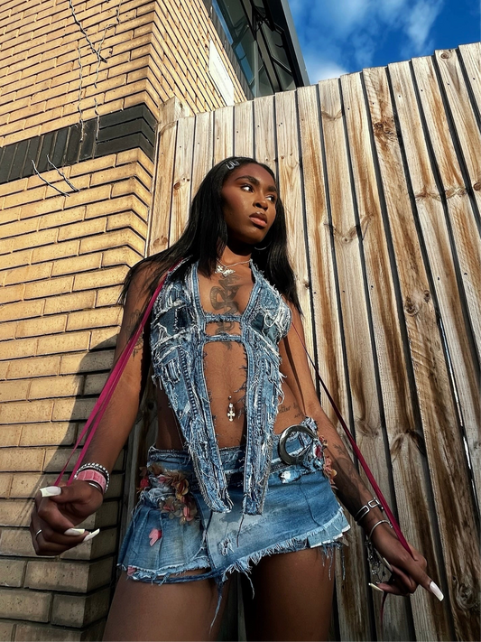 Up-Cycled Denim Floral Appliqué Pleated Mini (1of1)