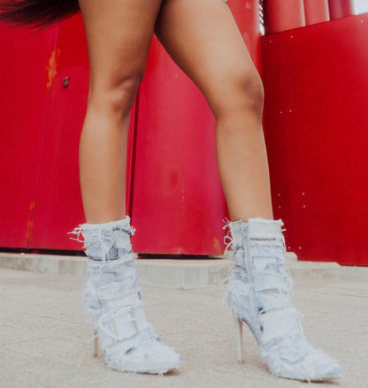 Up-Cycled Denim Buckle Heel Ankle Boots