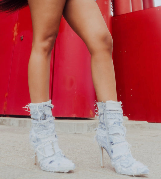 Up-Cycled Denim Buckle Heel Ankle Boots (1of1)