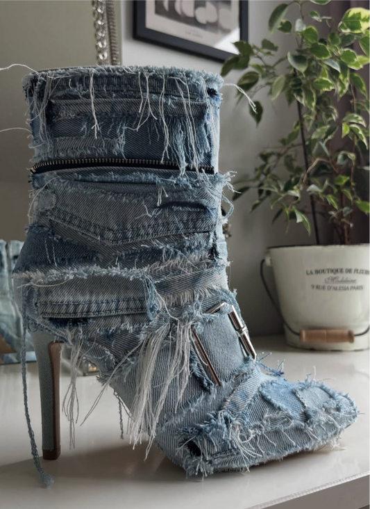 Up-Cycled Denim Buckle Heel Ankle Boots
