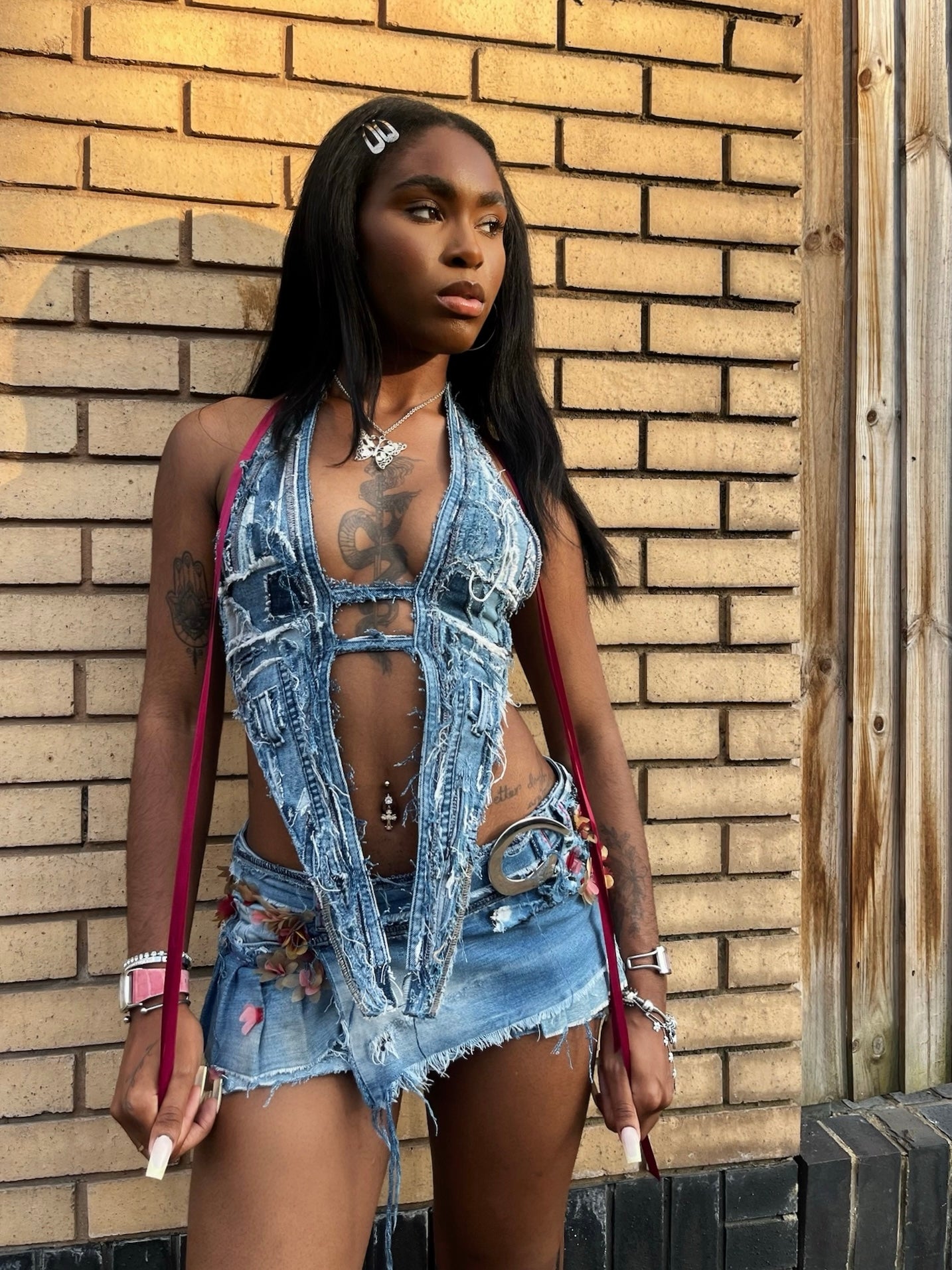 Up-Cycled Denim Floral Appliqué Pleated Mini (1of1)